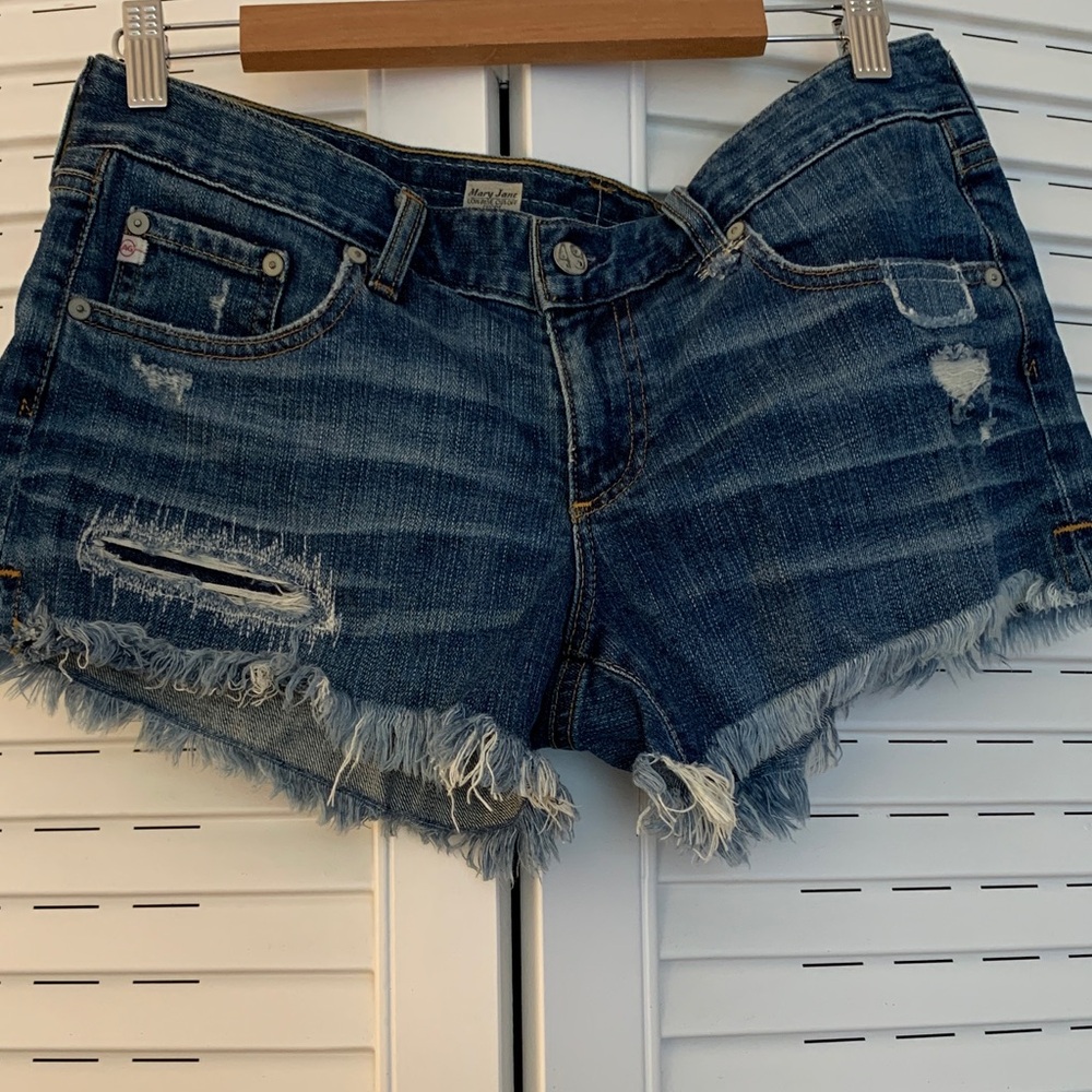 AG Adriano Goldschmied Blue Mary Jane Low-Rise Cut-off Frayed Jean Shorts